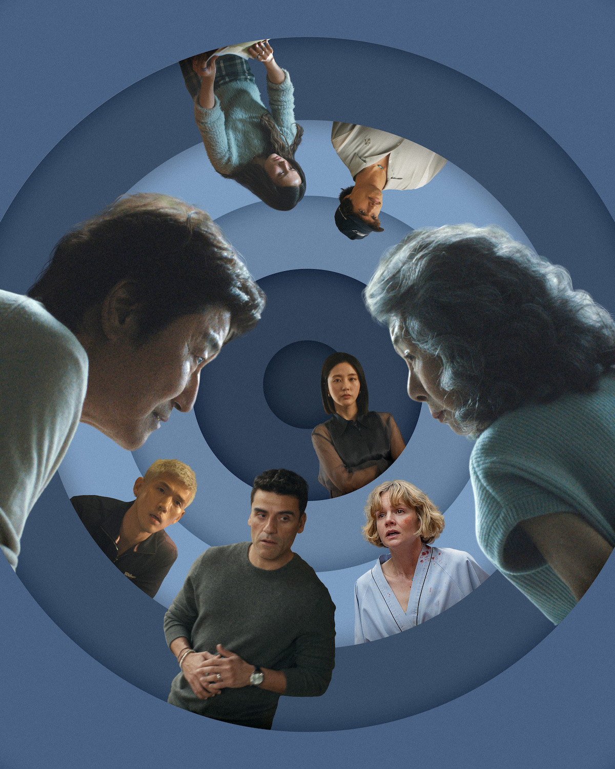 A photo illustration visualizing the vortex of beefs of Chairwoman Park (Youn Yuh-jung) and Dr. Kim (Song Kang-ho) featuring Cailee Spaeny as Ashley, Chalres Melton as Austin, Carey Mulligan as Lindsay, Seoyeon Jang as Eunice, Oscar Isaac as Josh, and Matthew “BM” Kim as Woosh.