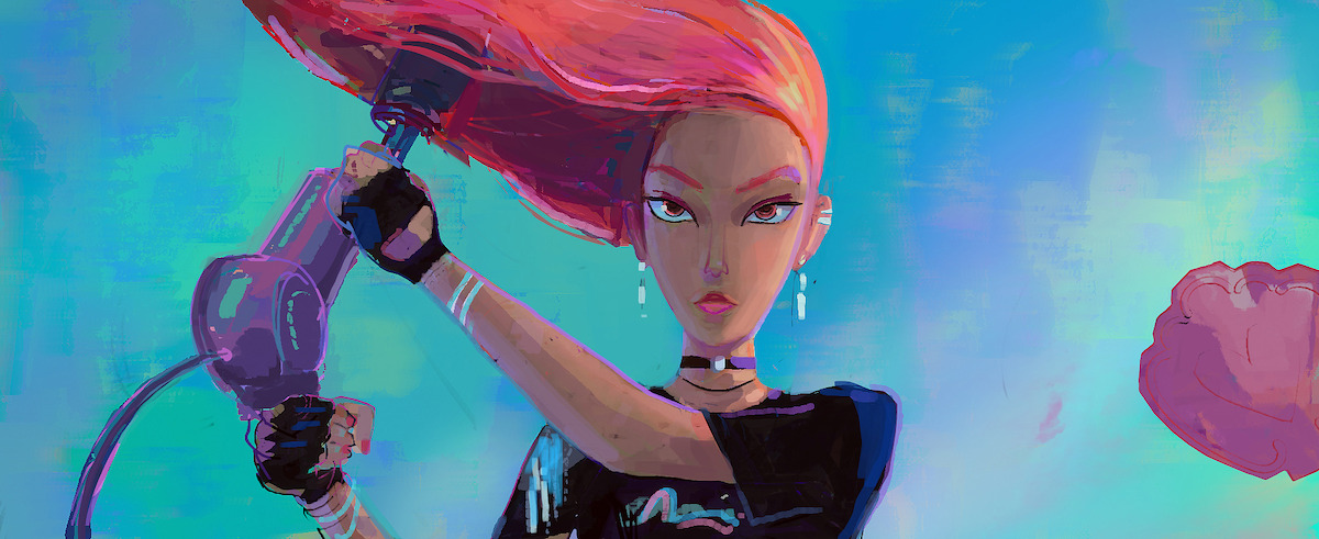 Mira from 'KPop Demon Hunters' with flowing pink hair uses a hair dryer, set against a vibrant blue and purple abstract background, wearing a black outfit and gloves, with determined expression.