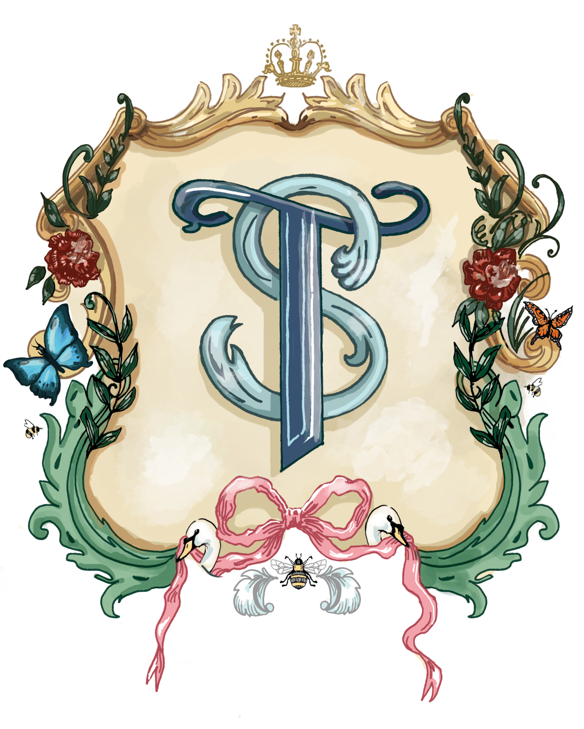 An illustrated crest with bees, butterflies, and flowers