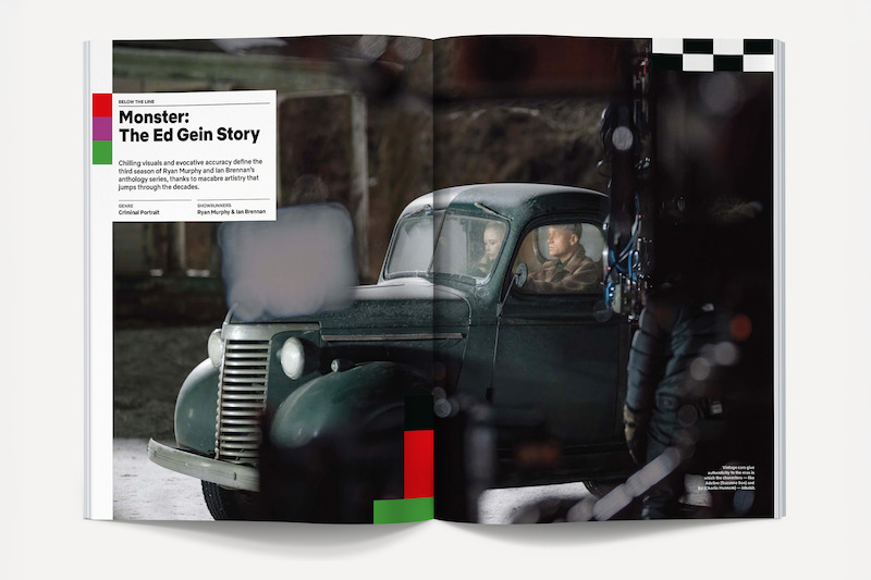 Old dark green truck with two people inside parked in a dimly lit, rustic outdoor setting; part of a magazine spread titled "Monster: The Ed Gein Story" with graphic design elements and text on the left page.