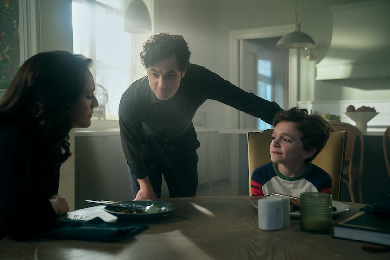 Charlotte Ritchie as Kate Lockwood, Penn Badgley as Joe Goldberg, and Frankie Demaio as Henry Goldberg in 'You.'