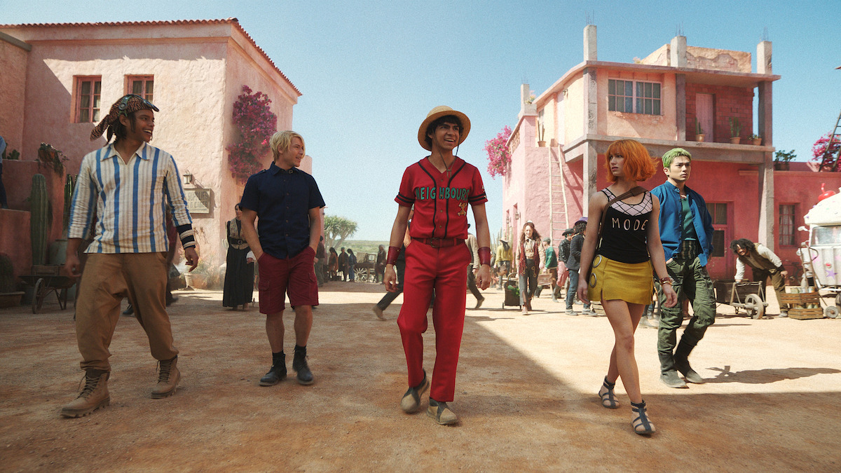 Jacob Romero as Usopp, Taz Skylar as Sanji, Iñaki Godoy as Monkey D. Luffy, Emily Rudd as Nami, Mackenyu as Roronoa Zoro in ‘ONE PIECE’ Season 2