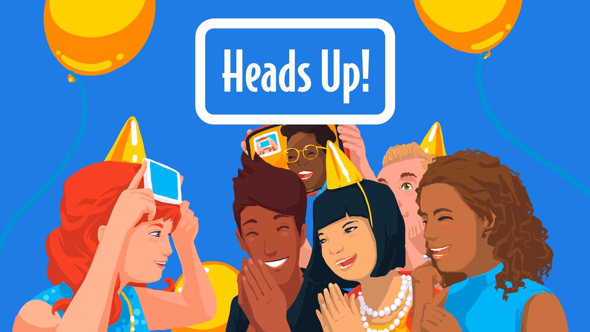 key art for Heads Up! Netflix Edition - a group of friends playing the game while one holds up a phone to their forehead.