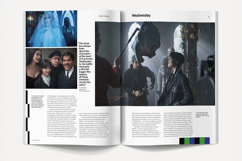 Magazine spread featuring scenes and characters from the show "Wednesday," including cast portraits, a ghostly figure, and a dark, gothic indoor environment with elaborate costumes and somber lighting.