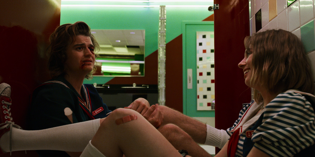 Joe Keery as Steve and Maya Hawke as Robin in ‘Stranger Things’ Season 3.