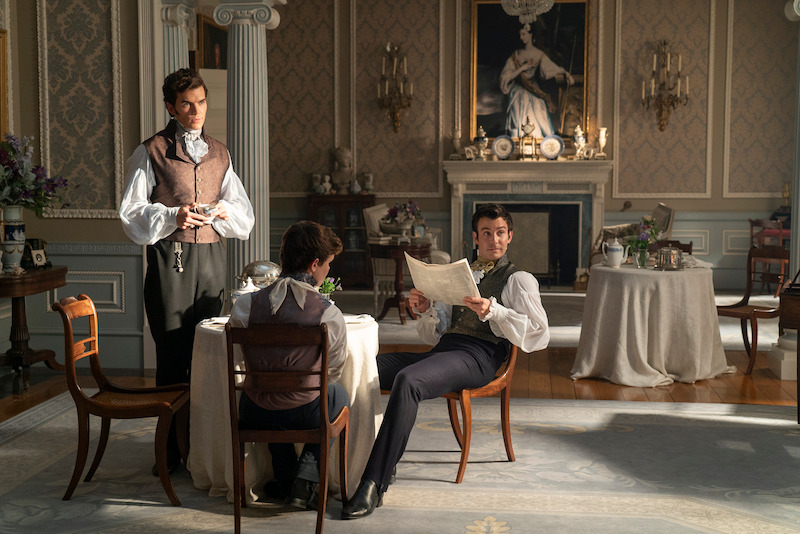 Luke Newton as Colin Bridgerton, Will Tilston as Gregory Bridgerton, and Luke Thompson as Benedict Bridgerton in Season 3 of 'Bridgerton