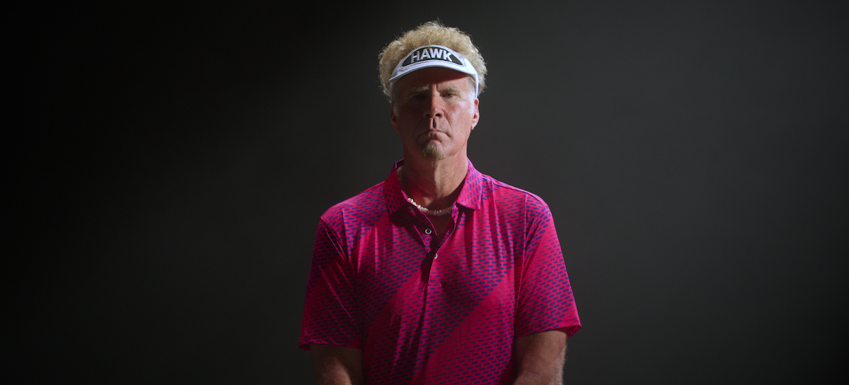 Will Ferrell as The Hawk poses in a pink golf shirt and white visor.