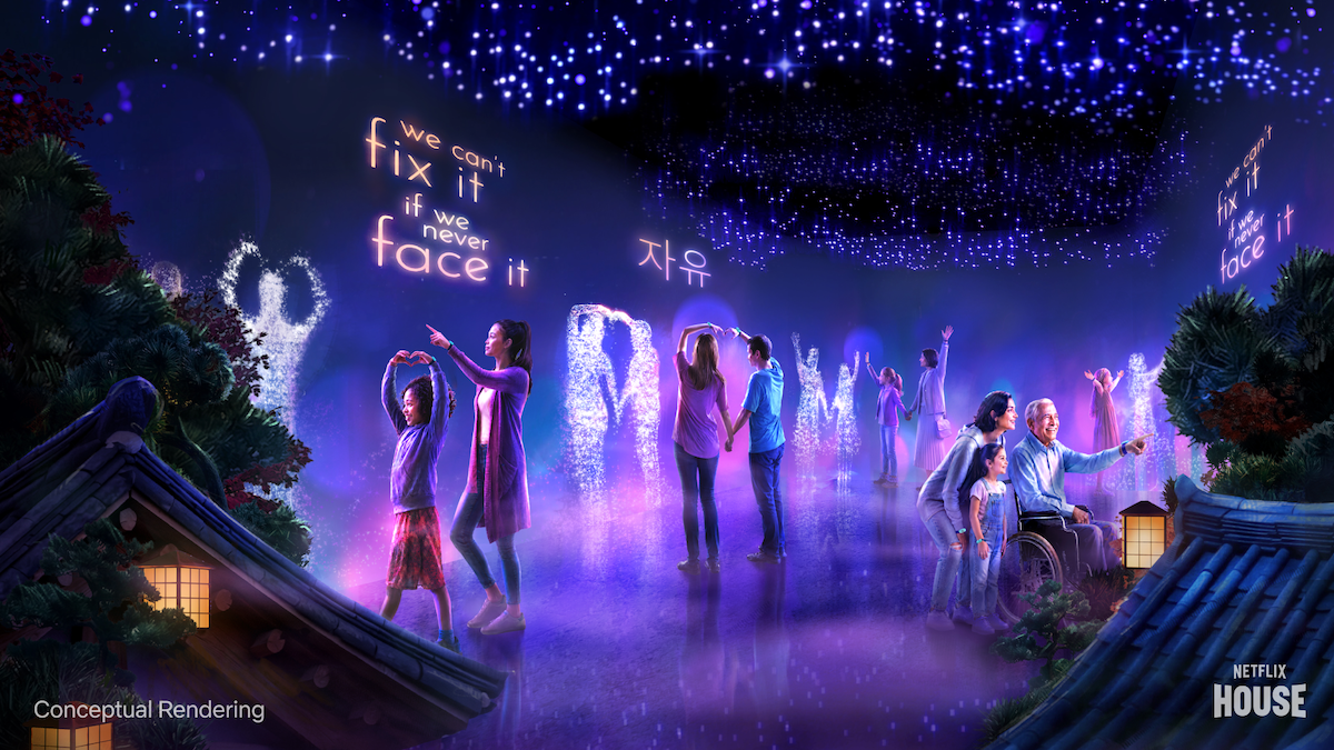 People interact with glowing light figures in a dreamy, immersive environment under a starry ceiling, with uplifting text and Korean characters among traditional buildings and plants. Conceptual rendering for Netflix House.