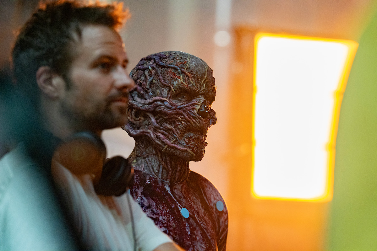 Ross Duffer and Jamie Campbell Bower as Vecna behind the scenes of ‘Stranger Things 5’