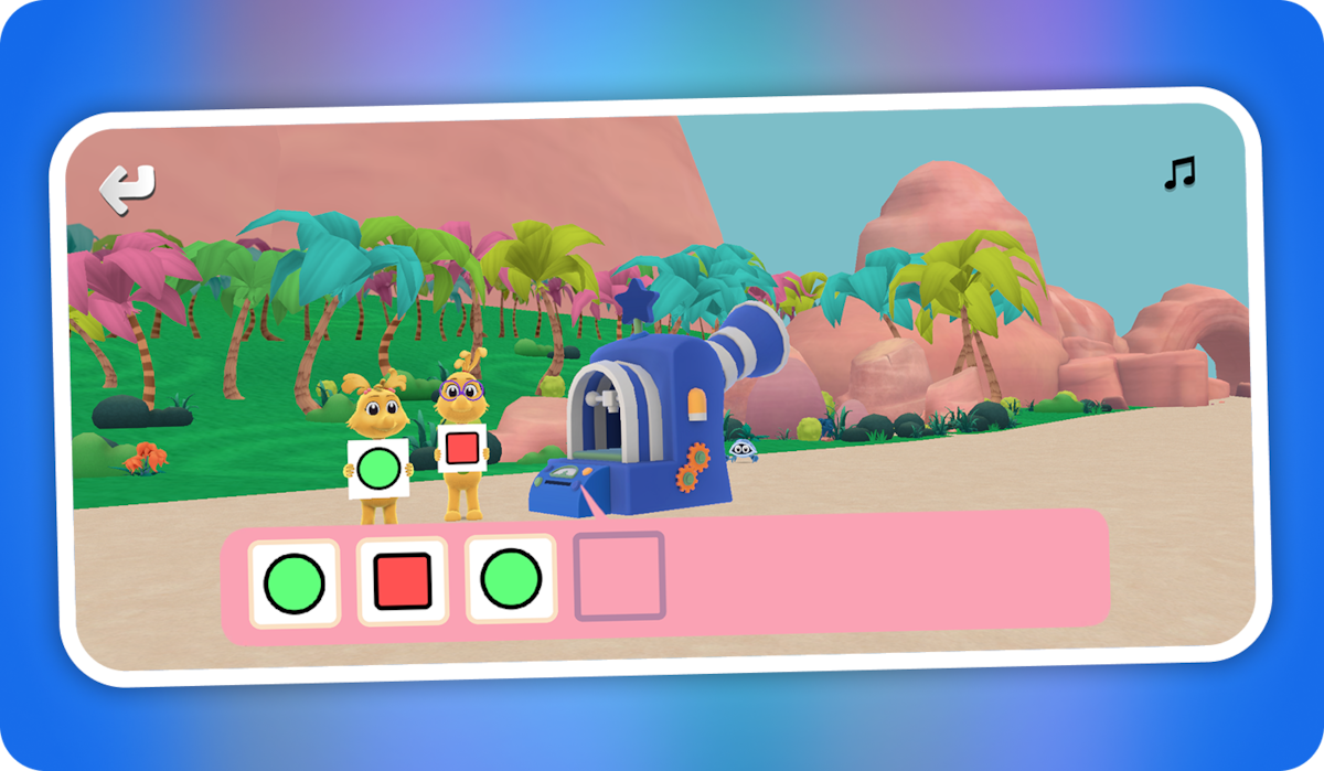 Two cartoon animal characters stand on a tropical beach with palm trees and pink rocks, next to a blue machine and shape-matching puzzle interface at the bottom of the screen.