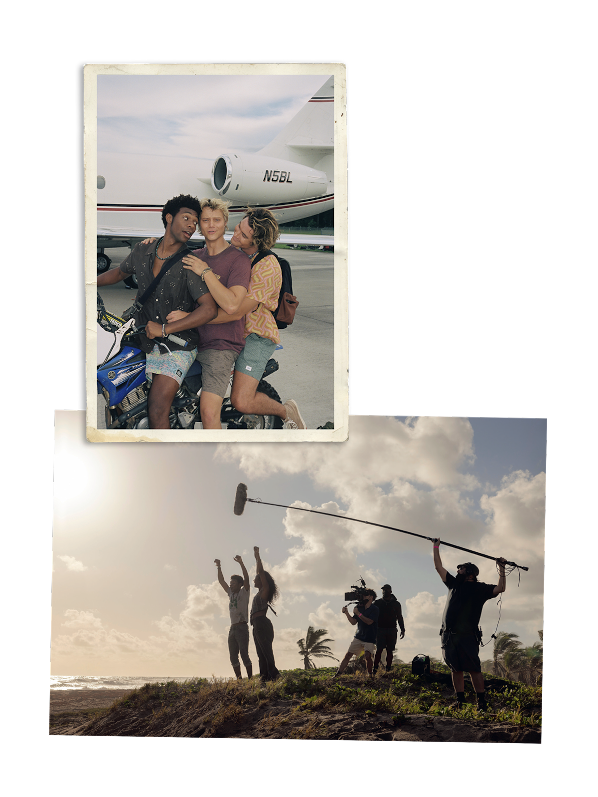 Three friends take a selfie near a private jet and motorcycle; below, a film crew with camera and boom mic sets up on a beach at sunset with palm trees in the background.
