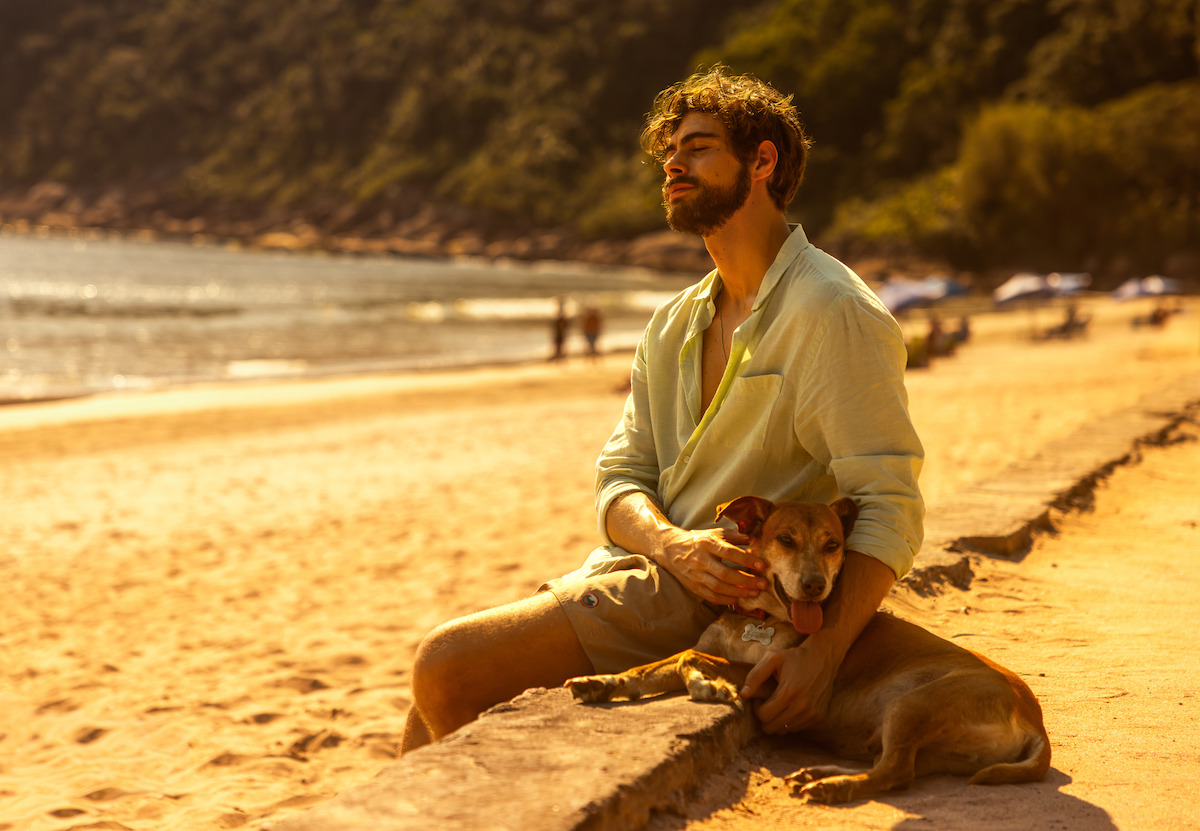 Rafa Vitti e o cão caramelo descansam em uma praia