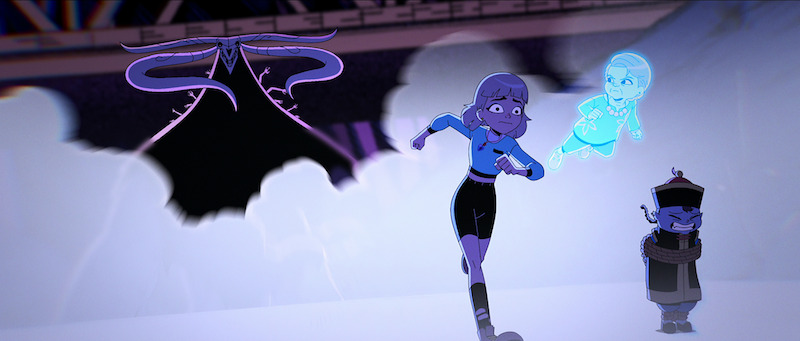 Greg Chun as Mr. Cheng, Ali Wong as Jentry, Lori Tan Chinn as Gugu, and Bowen Yang as Ed run away from a demon in 'Jentry Chau vs. the Underworld'