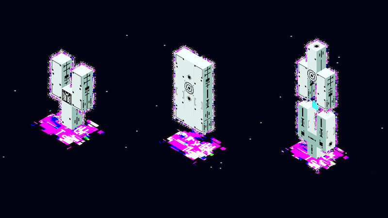 Three glitchy, white monoliths with black markings and purple digital distortion stand against a dark background, each with a unique shape and design, resembling abstract futuristic structures.