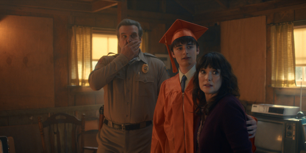 David Harbour as Jim Hopper, Noah Schnapp as Will, and Winona Ryder as Joyce in ‘Stranger Things 5’