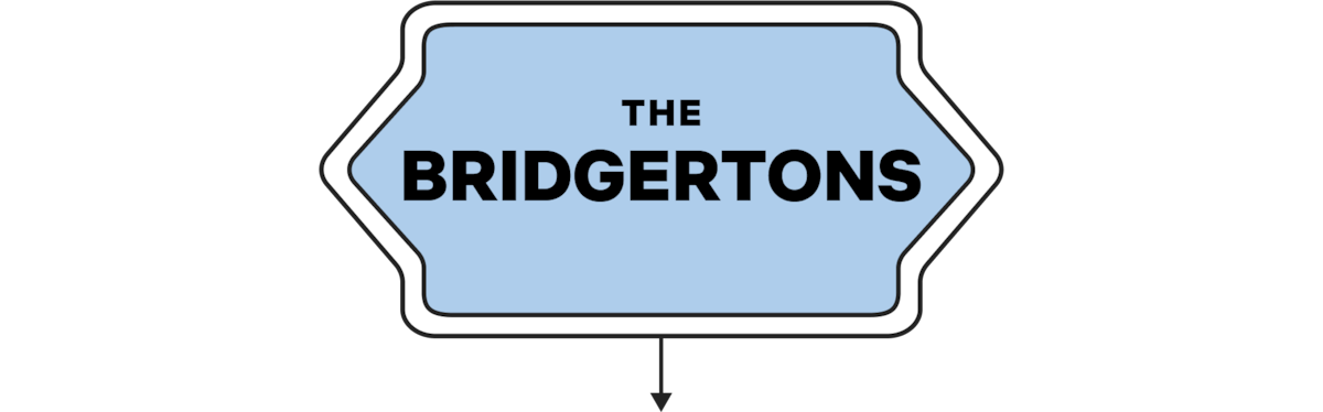 Uma placa azul em forma de seta com o texto ‘The Bridgertons’ em preto, sobre um fundo transparente quadriculado.