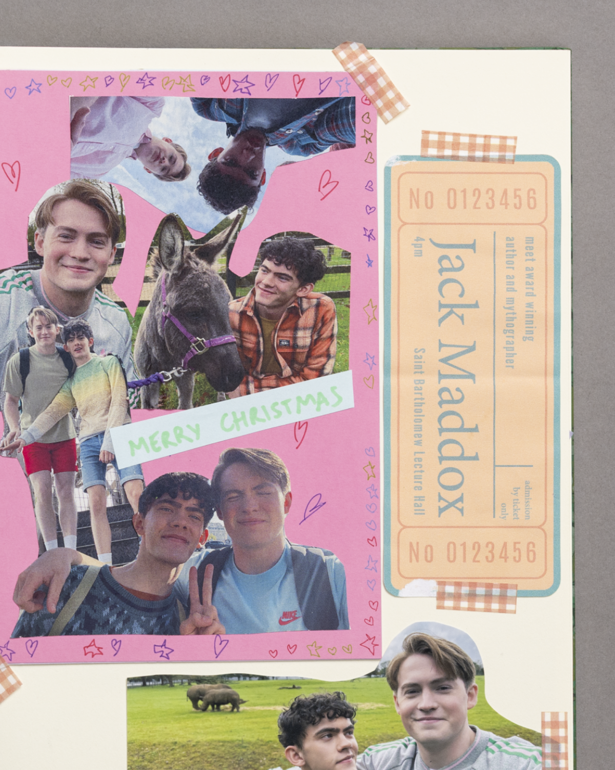A collage of young people outdoors, smiling and spending time together, a "Merry Christmas" note, and a ticket with the name Jack Maddox, all decorated with pink and orange tape.