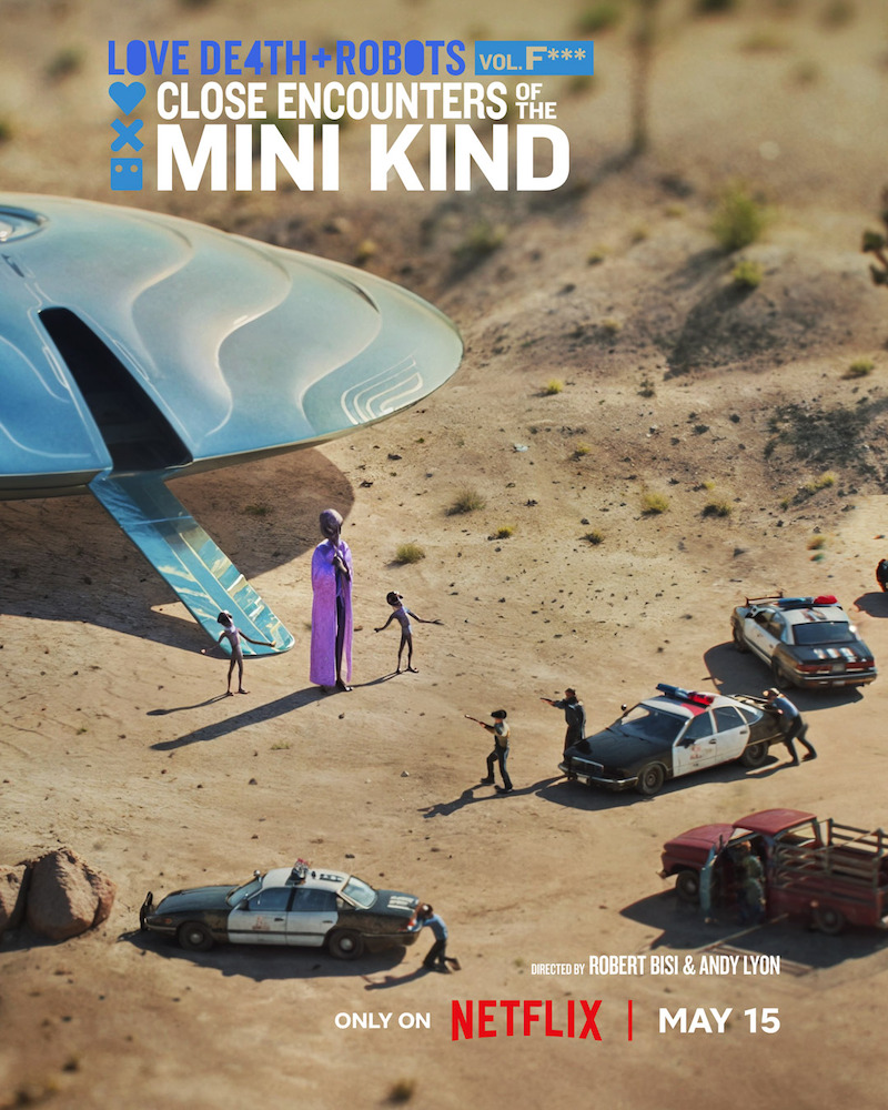 Key art for the episode "Close Encounters of the Mini Kind" in 'Love, Death + Robots' Volume 4 featuring a mini space ship.