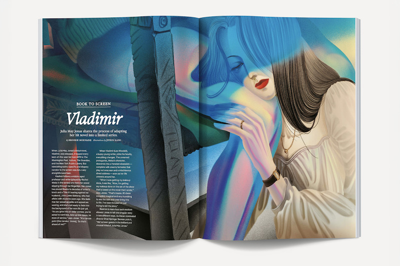 Illustration of a woman with long dark hair and red lips in a dreamy, surreal environment, overlaid with blue and rainbow hues, featured in a magazine spread titled "Book to Screen: Vladimir."