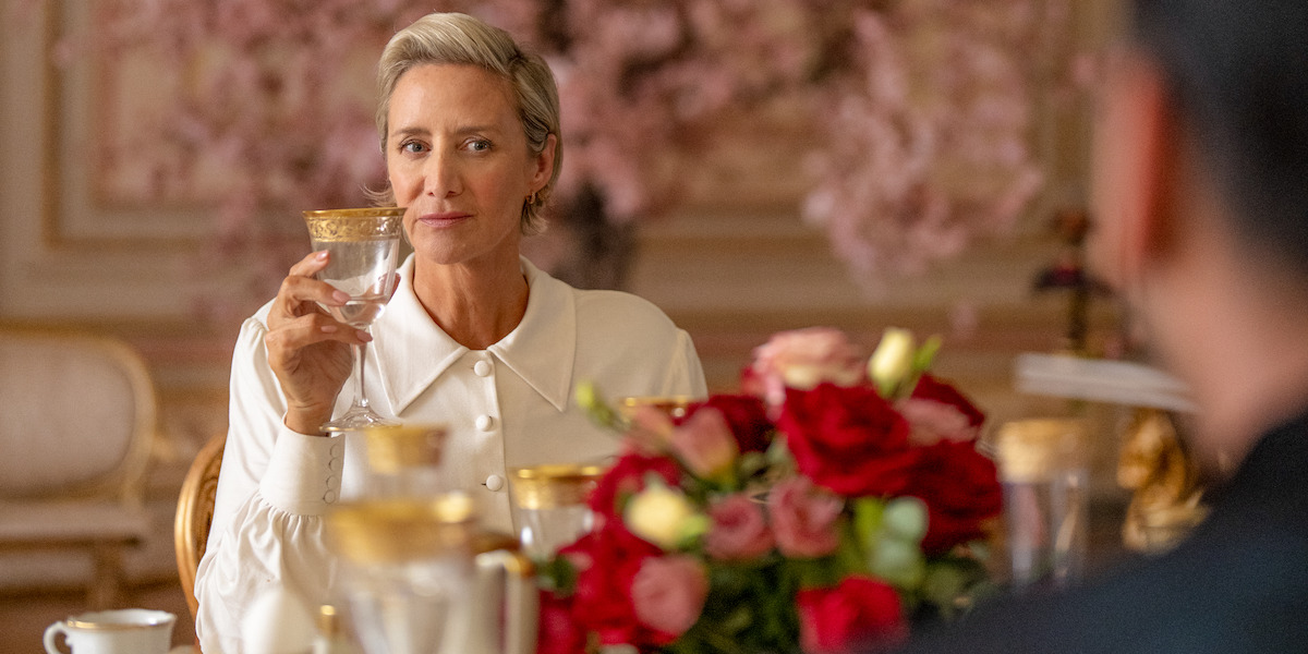 Janet McTeer as Hera sits at a lavish table in Season 1 of ‘Kaos’