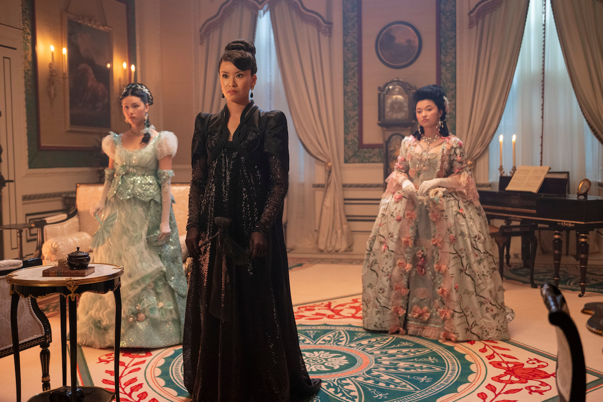 Isabella Wei as Posy Li, Katie Leung as Lady Araminta Gao, and Michelle Mao as Rosamund Li in ‘Bridgerton’ Season 4.