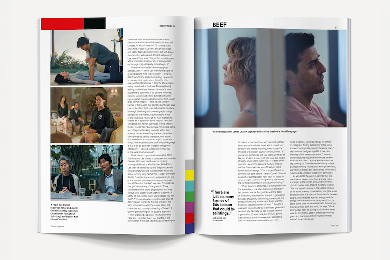 Magazine spread with four film scene photos on the left page, showing people indoors in various interactions; right page features a large photo of two people looking out a window and columns of text about the show "Beef."