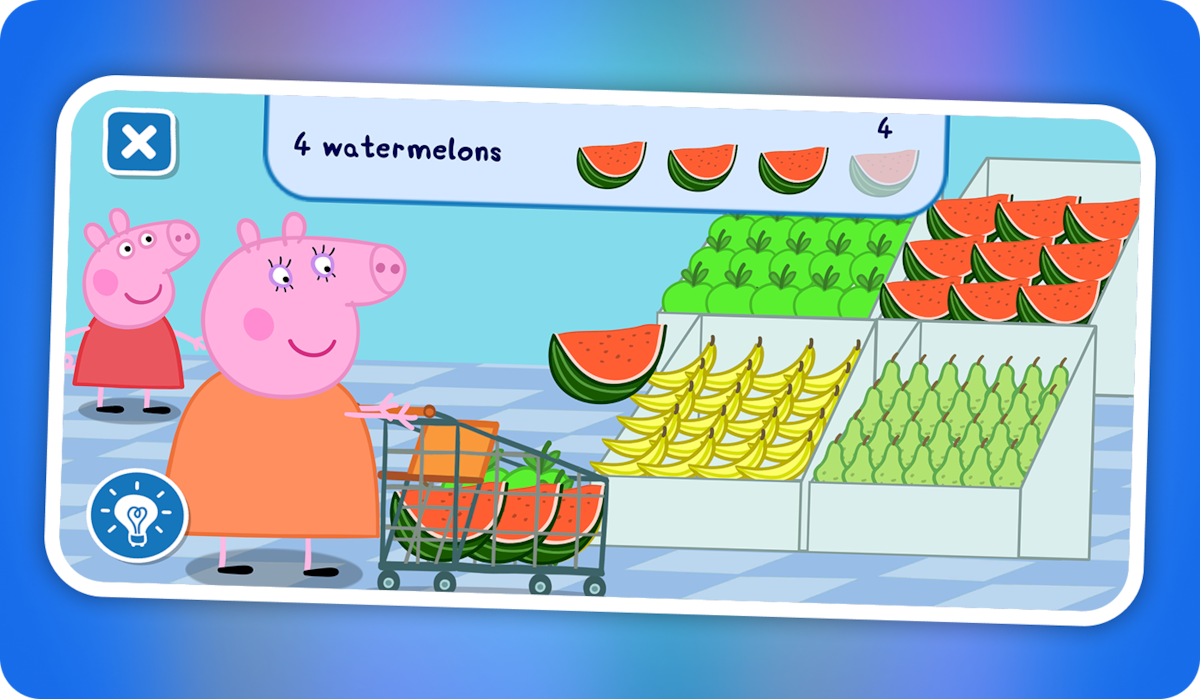 Peppa Pig character with a shopping cart of watermelons in a colorful grocery store, standing by fruit displays of bananas, pears, and watermelon slices, with a checklist for four watermelons visible.