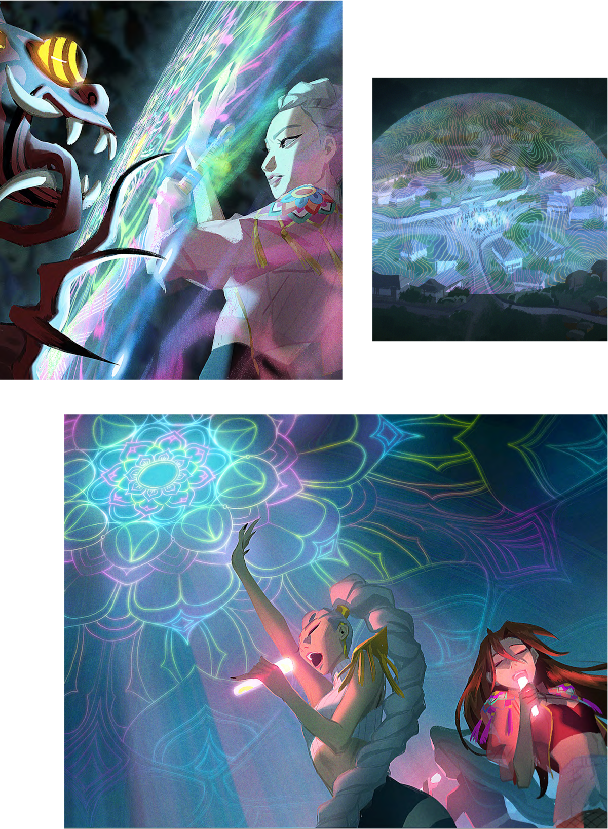 Rumi from 'KPop Demon Hunters' uses glowing magic symbols to create protective barriers against a monster, with a dome shield protecting a town and vibrant, colorful light effects filling the environment.