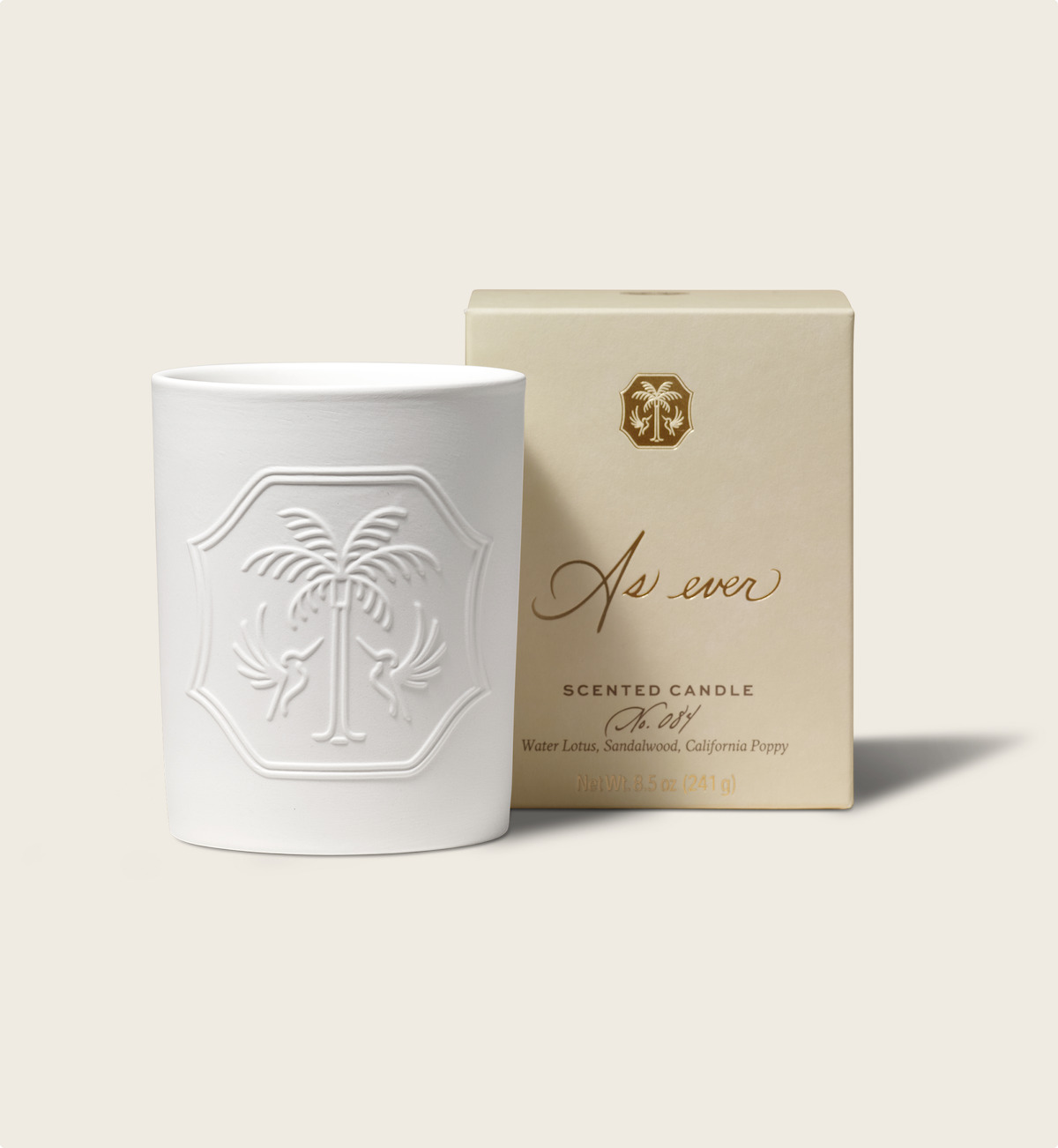 Elegant white embossed candle with palm tree design beside a cream box labeled "As ever" in gold script, set against a soft neutral background, evoking a calm, luxurious, and minimalistic mood.