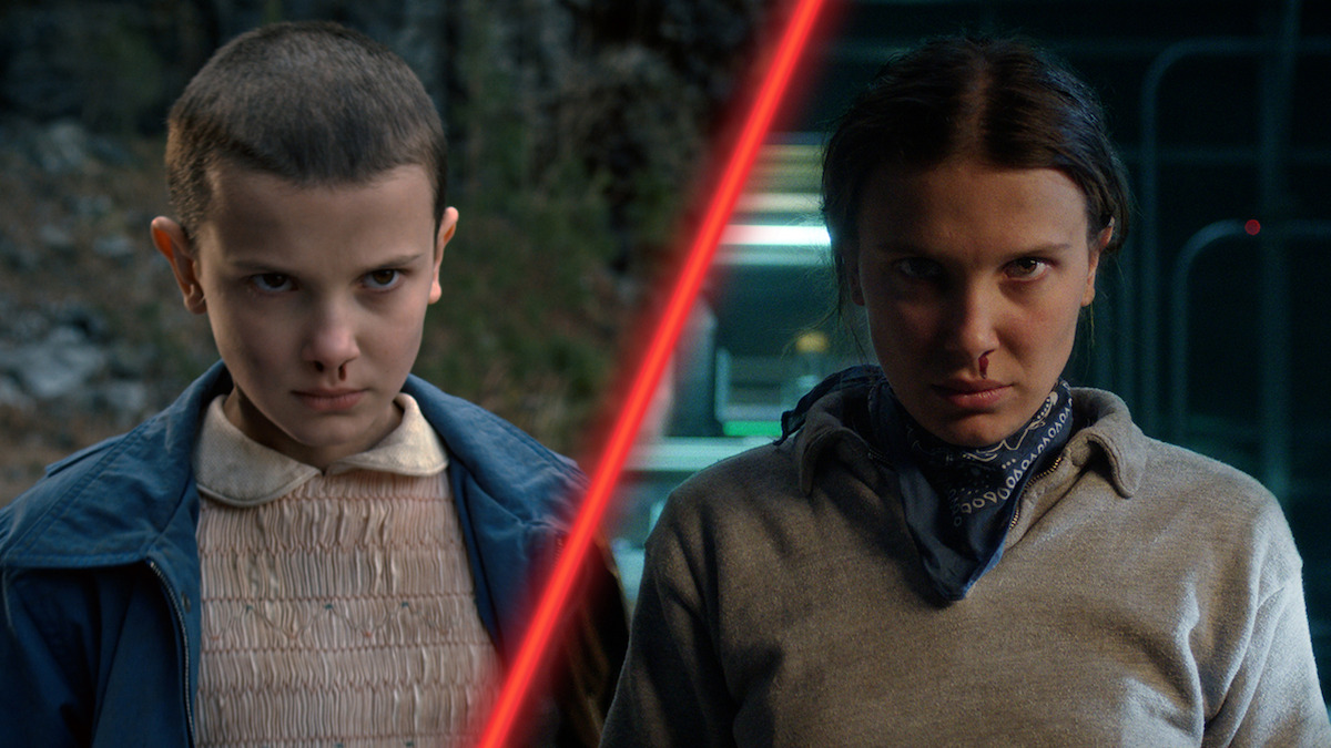 Diptych of Millie Bobby Brown as Eleven in ‘Stranger Things’ Season 1 and Season 5.