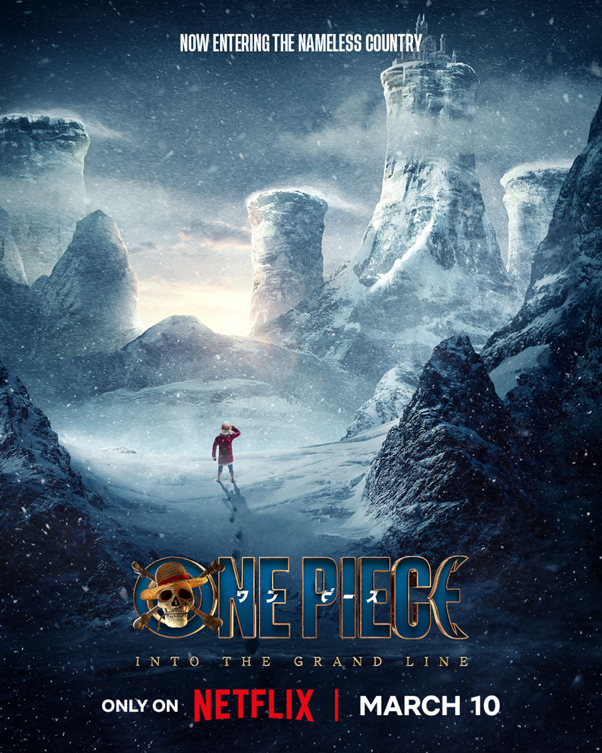 Key Art for ‘ONE PIECE’ Season 2 featuring a snowy landscape at Drum Island.