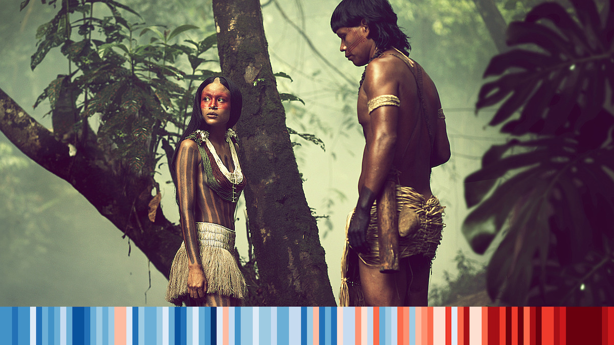 A man and a woman standing in a jungle. 