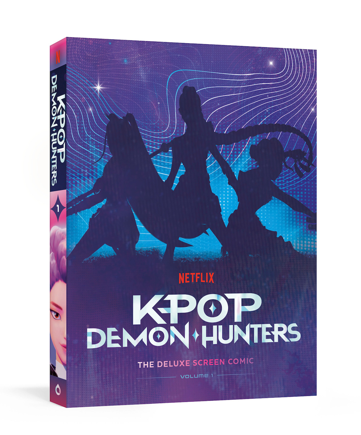 Three silhouetted characters posing dynamically on a purple-toned comic book cover titled "KPOP Demon Hunters," with a cosmic background, bold white title text, and Netflix branding. Volume I is indicated on the spine and front.