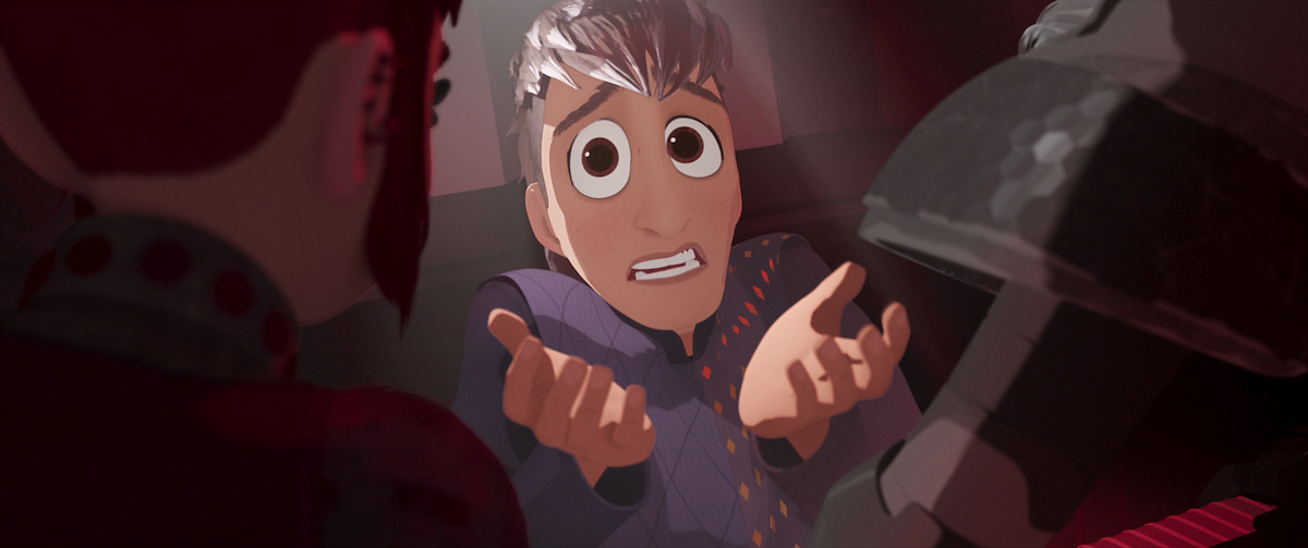 The Squire holds up his hands in a still from ‘Nimona.’