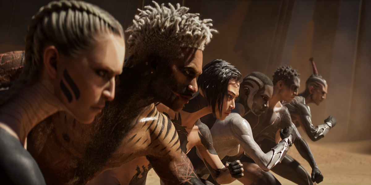 Animatd still of racers lining up together in the episode “The Screaming of the Tyrannosaur” from ‘Love, Death + Robots’ Volume 4
