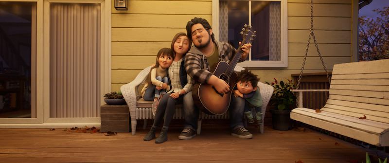 Animated still of a family embracing on a front porch in 'In Your Dreams'