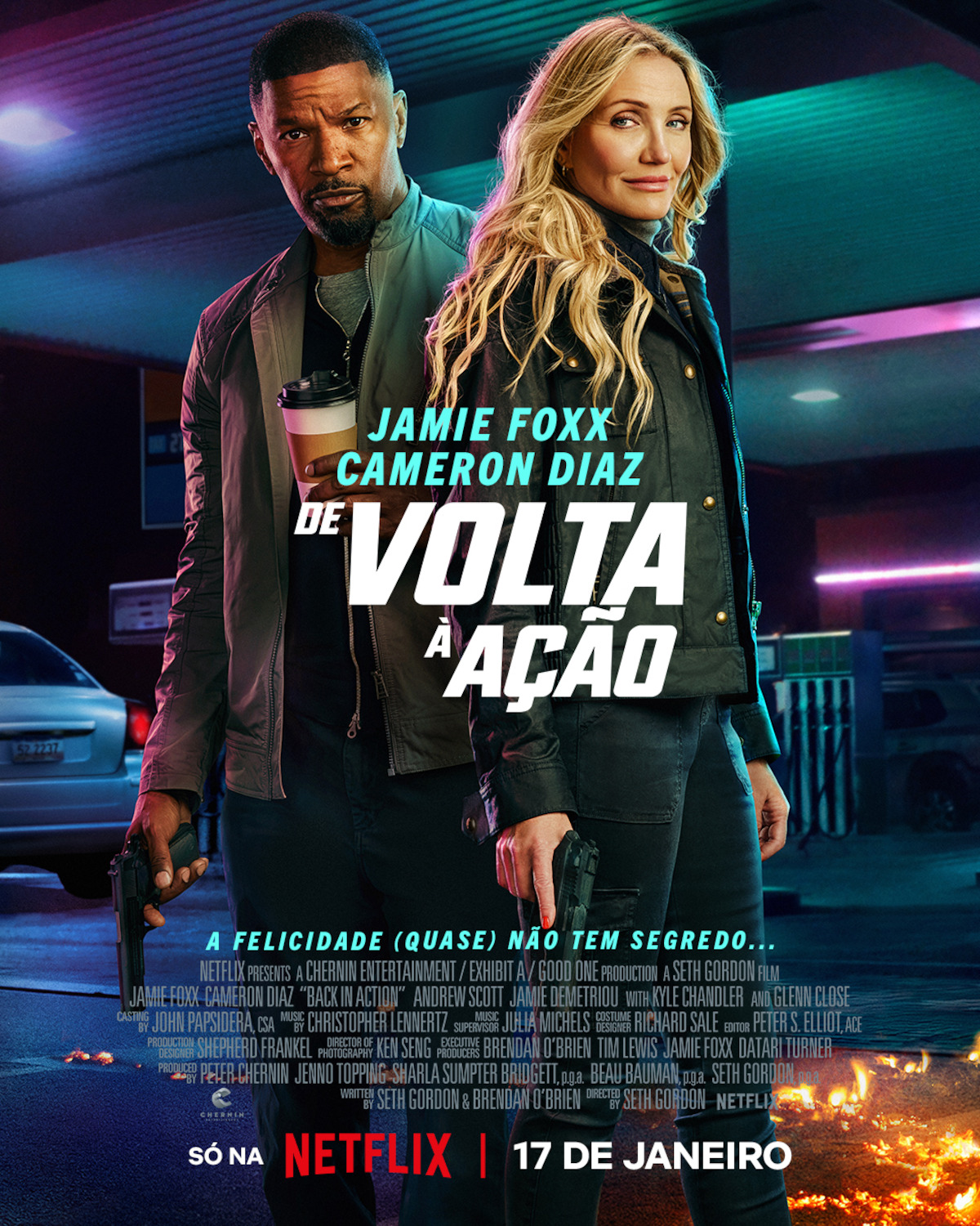 Cameron Diaz como Emily e Jamie Foxx como Matt no pôster oficial de ‘De Volta à Ação’.