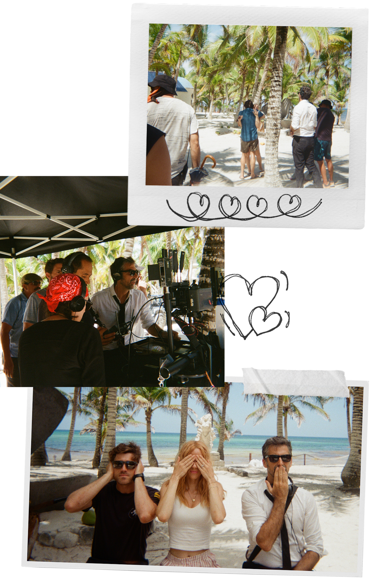 Collage of behind-the-scenes photographs from filming in Tulum