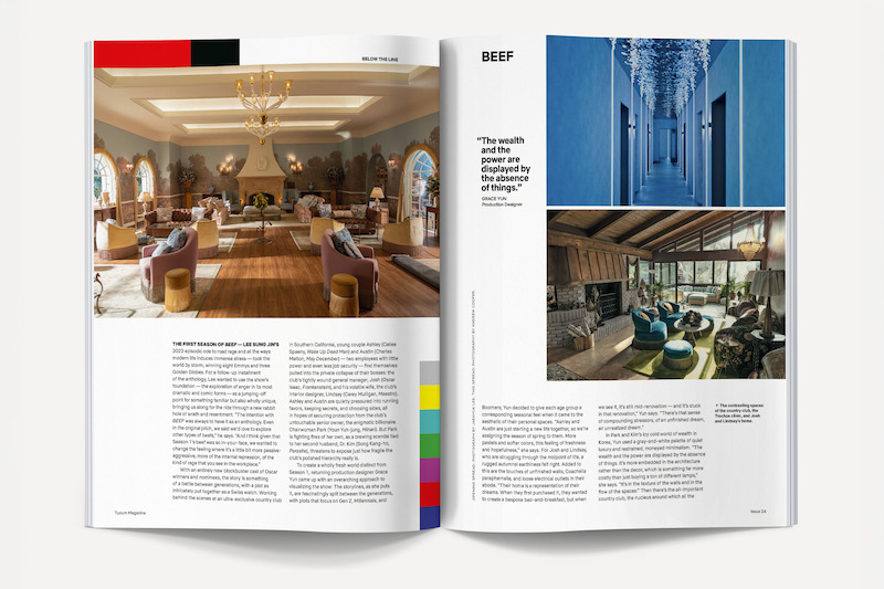 Magazine spread showing luxurious interior spaces: a spacious, elegant lounge with chandeliers, a modern corridor with art ceiling, and a cozy room with large windows and eclectic decor, accompanied by descriptive texts and color bars.