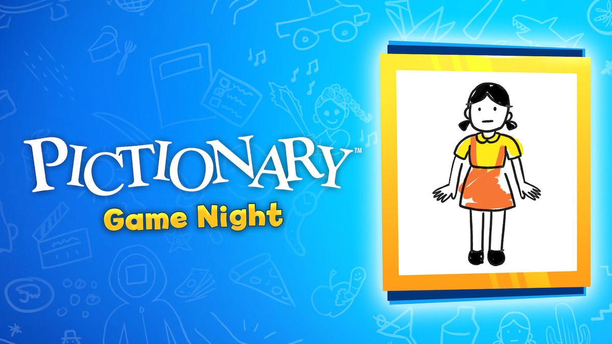 Pictionary Game Night logo in playful blue and yellow text, creating a fun and inviting atmosphere for a social or family game evening.