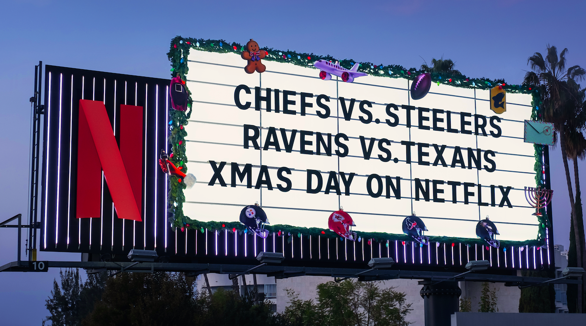 Sunset Blvd Marquee - NFL ‘Chiefs vs. Steelers Ravens vs. Texans. Xmas Day on Netflix.’