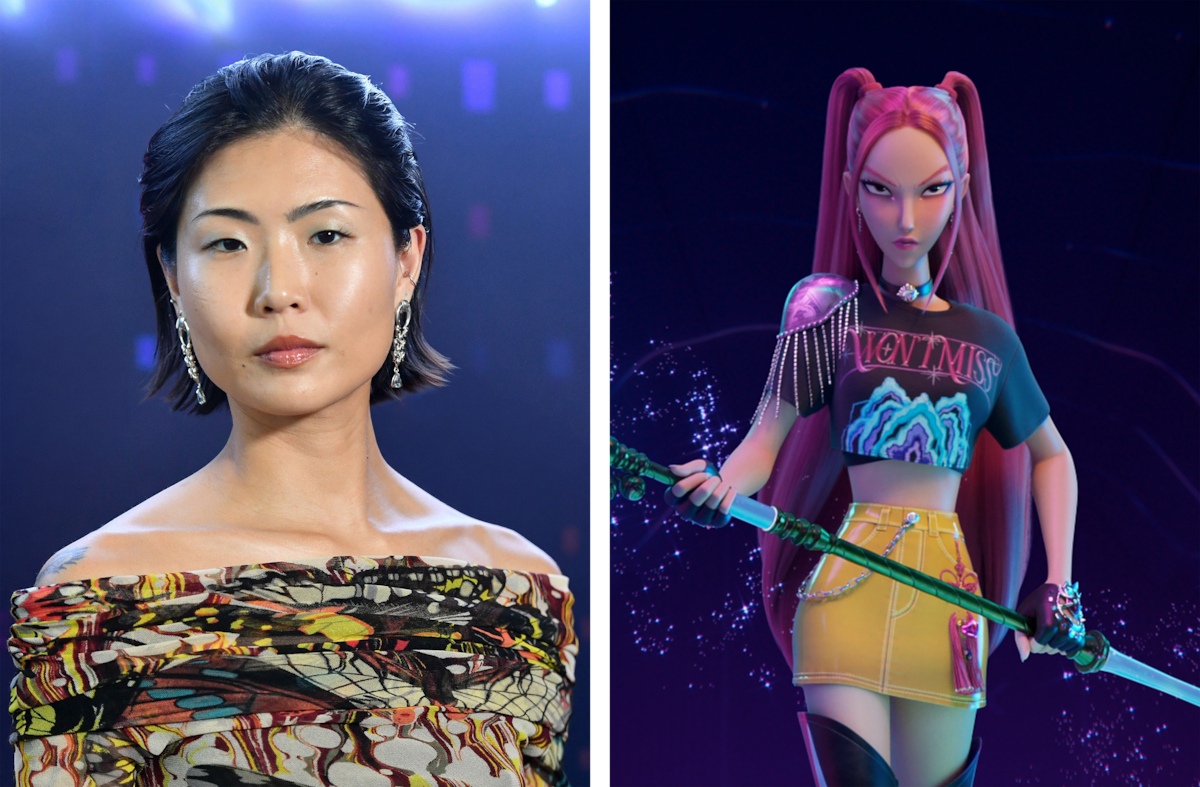 Split image: On the left, May Hong poses in elegant attire with earrings and styled hair, in a softly lit indoor setting. On the right, Mira, a stylized animated female character with long pink hair poses holding a staff in a digital fantasy scene.