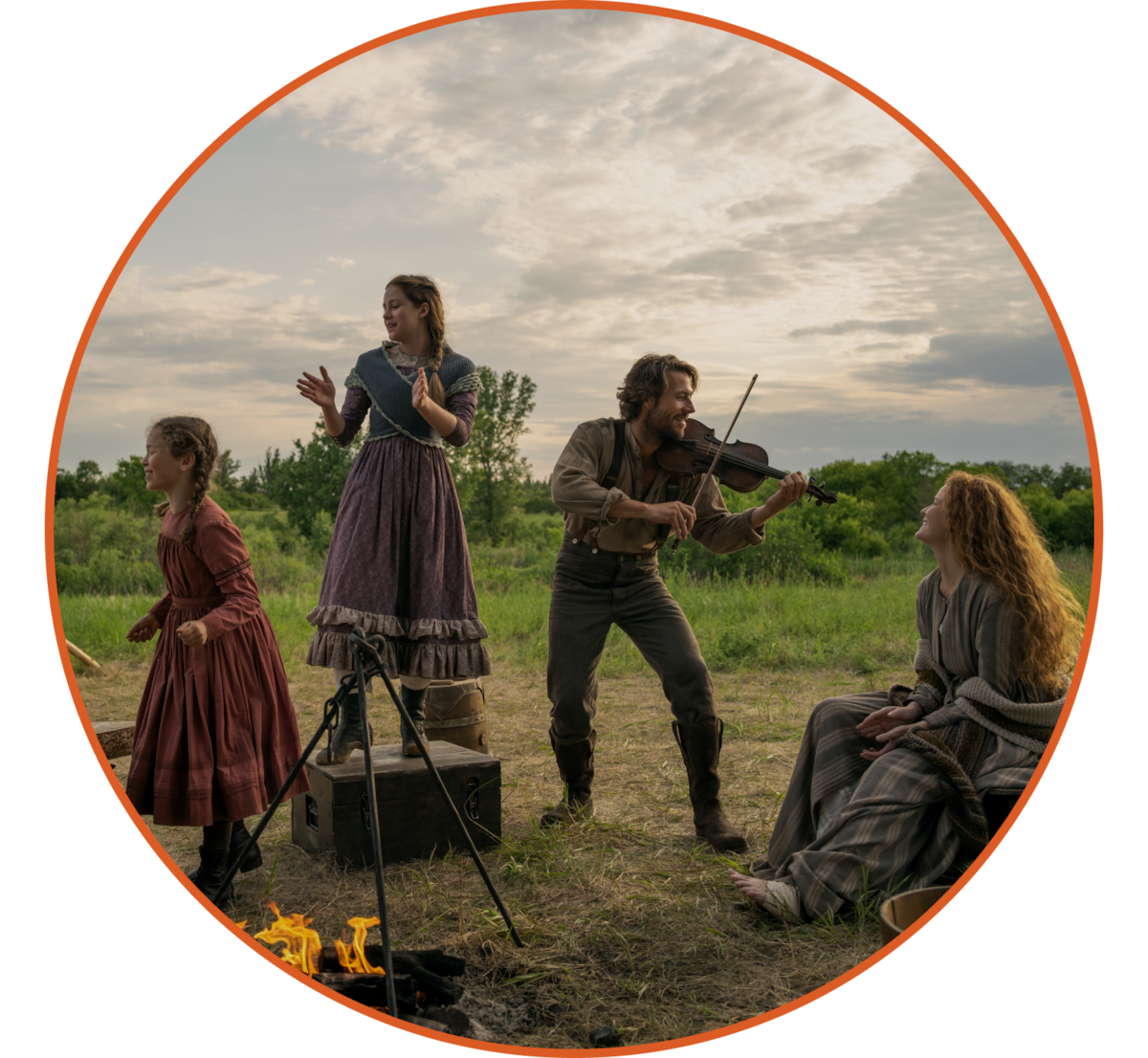 Little House on the Prairie. (L to R) Alice Halsey as Laura Ingalls, Skywalker Hughes as Mary Ingalls, Luke Bracey as Charles Ingalls, Crosby Fitzgerald as Caroline Ingalls in episode 102 of Little House on the Prairie.