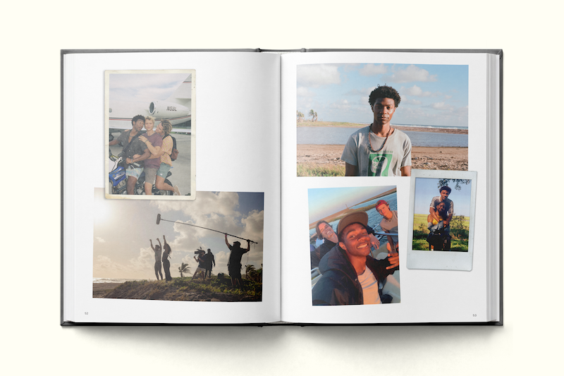 Photo book open to two pages showing candid group and individual outdoor photos of young people near the water, with a mix of casual moments and a behind-the-scenes filming shot at sunset.