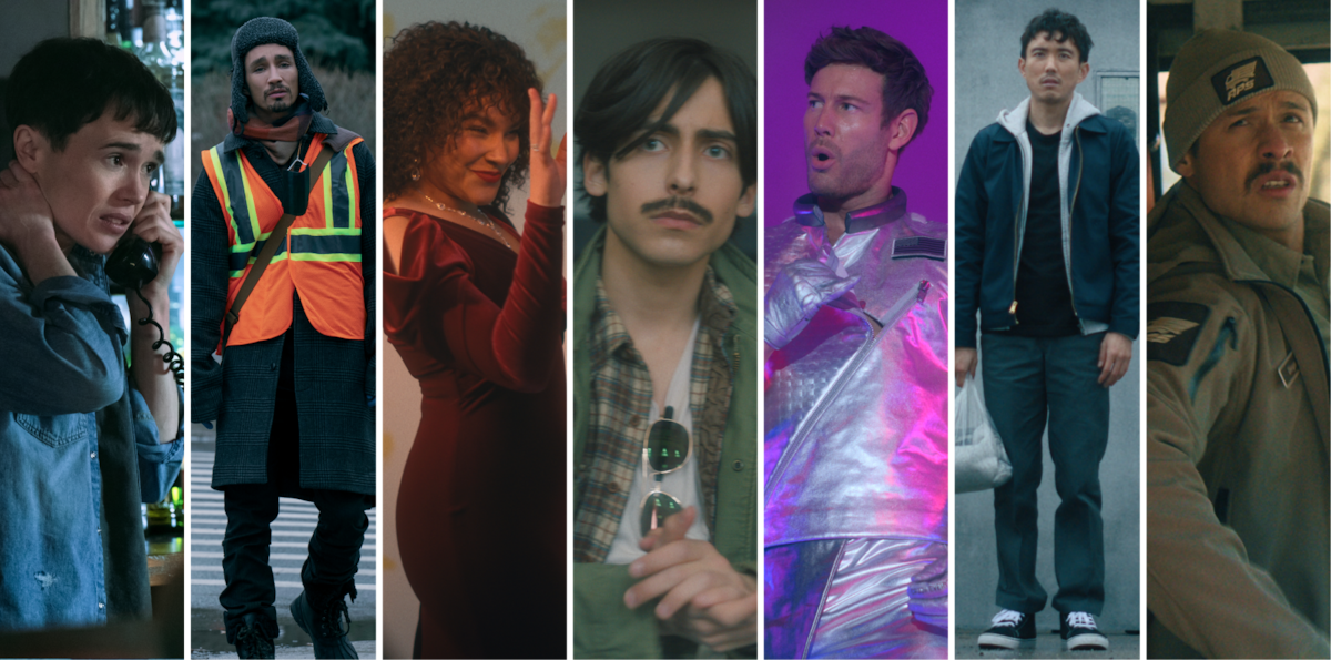 A split screen of seven images showing each of the members of the Umbrella Academy in their normal state.