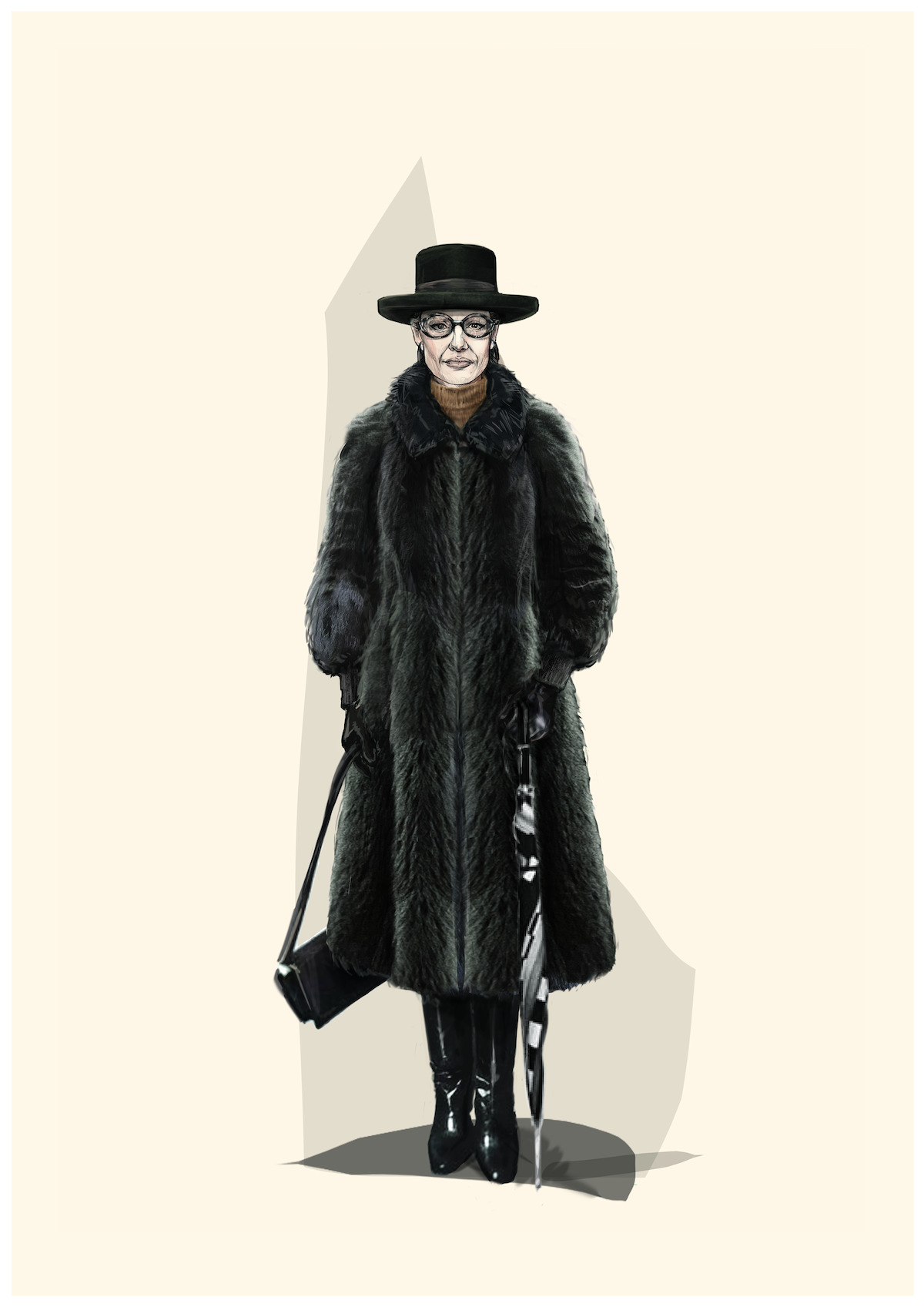 A sketch of Angelina Jolie as Maria Callas. She wears a black wide-brimmed hat and a positively delectable black fur jacket, and carries an umbrella and baguette bag.