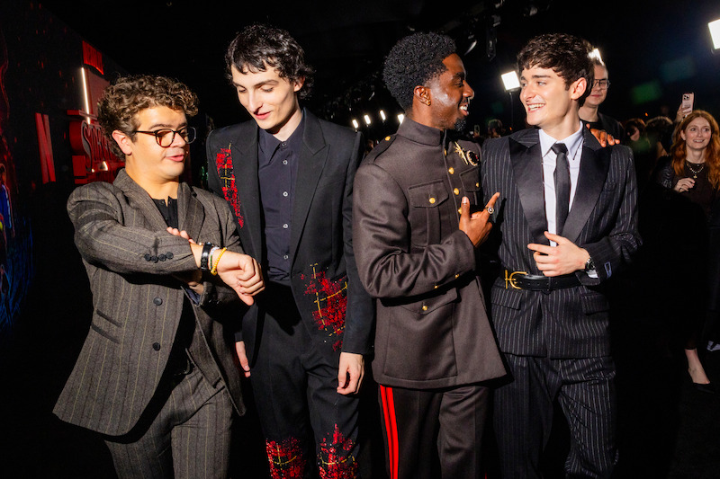 Gaten Matarazzo, Finn Wolfhard, Caleb McLaughlin, and Noah Schnapp attend the 'Stranger Things' Season 5 World Premiere.