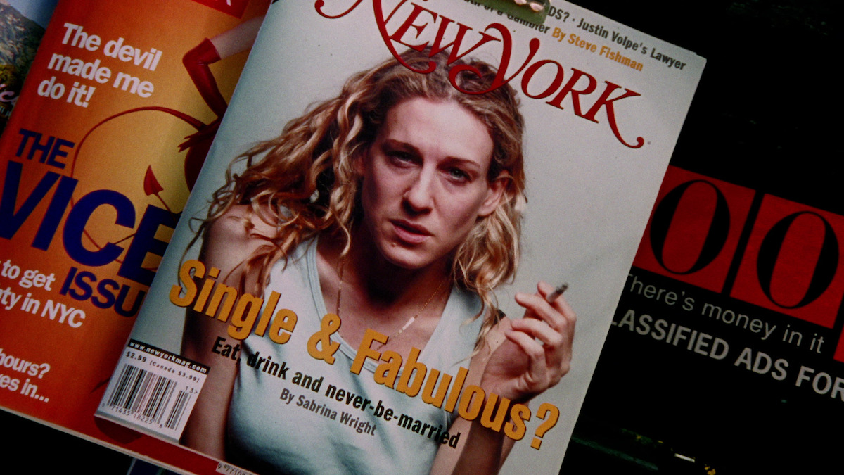 A hungover looking Carrie on a New York magazine cover with the words 'Single & Fabulous' 