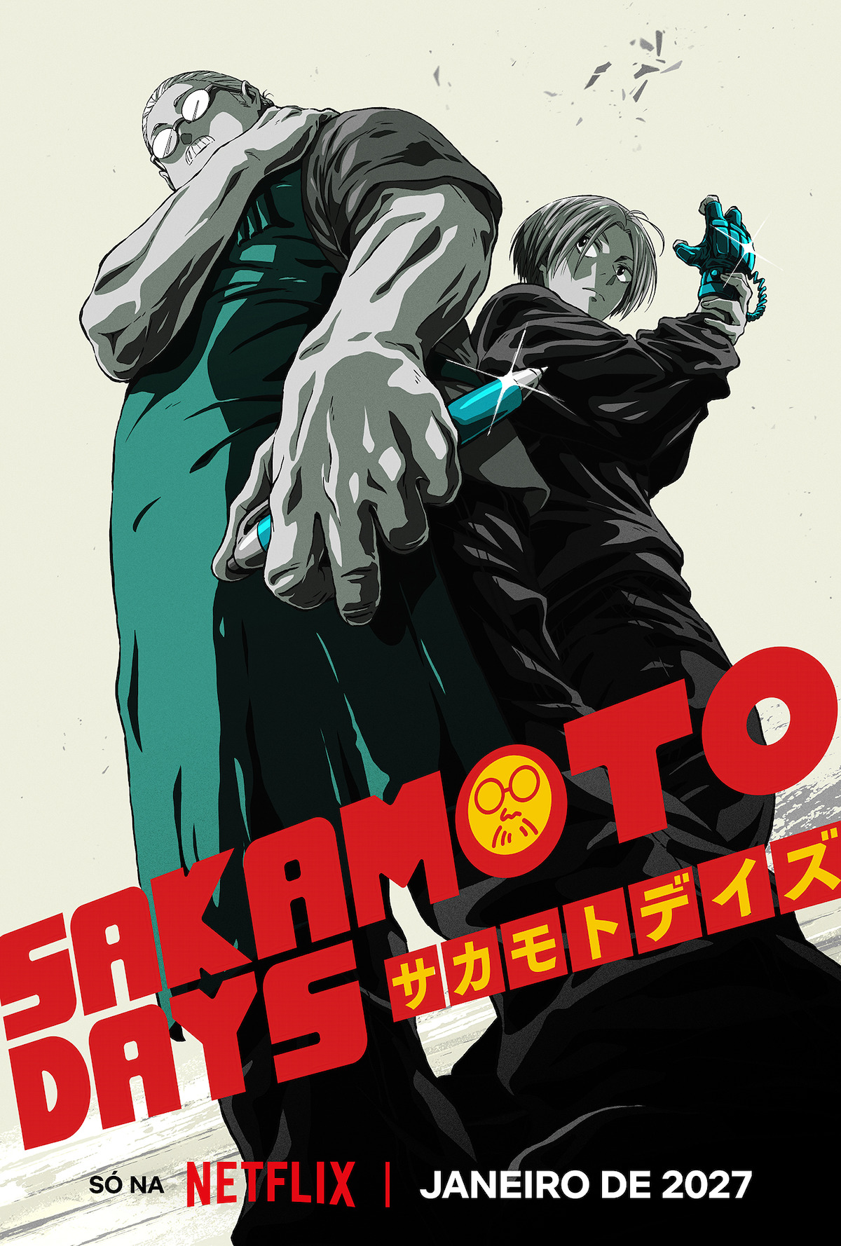 Pôster promocional estilizado de “Sakamoto Days” trazendo dois personagens de anime em poses dramáticas, com um texto em vermelho vibrante, caracteres japoneses e a data de estreia na Netflix, em janeiro de 2027.