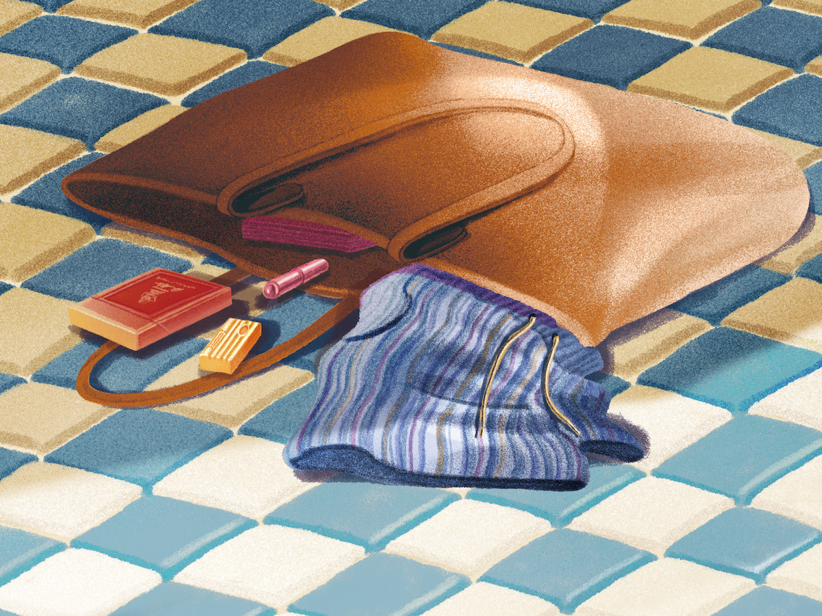 An illustration of a pair of shorts coming out of the narrator’s bag.